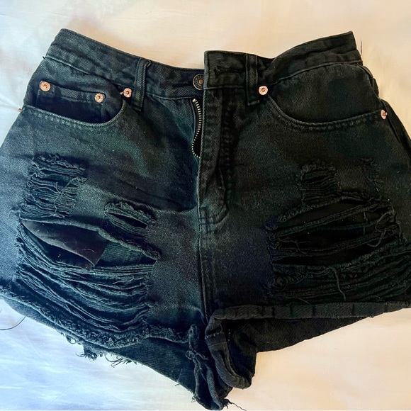 Black Destroyed Denim Shorts - Picture 1 of 3